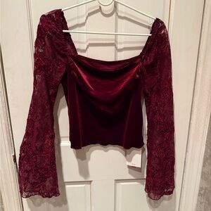 Cider Burgundy Velvet Off-Shoulder Crop Top with Lace Sleeves
